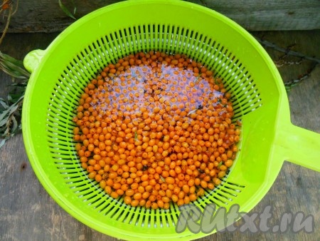 Налейте в кастрюлю воду, сверху поставьте дуршлаг с ягодами облепихи, весь мусор поднимется на верх.
