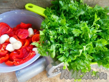Сладкий перец и помидоры вымойте. Из перца удалите семена, чеснок очистите. Помидоры, перец, чеснок и петрушку пропустите через мясорубку.