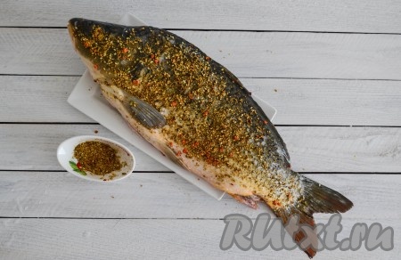 Карпа необходимо очистить от чешуи, внутренностей, удалить жабры. Тщательно вымыть и внутри, и снаружи. Обтереть салфеткой, удаляя лишнюю влагу. Соль соединить с приправой для рыбы и натереть карпа со всех сторон. Я использовала приправу, в состав которой входят кунжут, горчица, куркума, чеснок сушеный, зелень укропа, кориандр молотый, лук, имбирь, перец черный, мускатный орех, морковь и паприка.