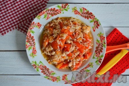 Вот такой вот ленивый и очень вкусный перец, тушеный с фаршем и рисом, разложить по тарелкам и подать на стол.

