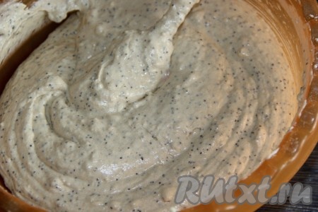 Соединить мучную смесь и яично-масляную массу, тщательно перемешать силиконовой лопаткой или ложкой. Тесто получится в меру густым, воздушным и однородным.