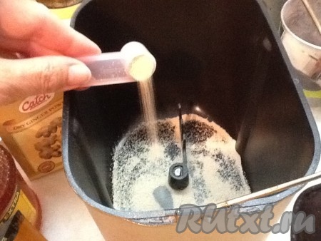 Насыпаем в ведерко хлебопечки дрожжи, соль, панифарин, аграм и беккер роген.
