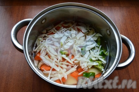 Капусту нарезать или нашинковать и добавить в кастрюлю, влить воду, поставить на огонь и довести до кипения, затем огонь уменьшить. Варить овощи на медленном огне, подсолив воду по вкусу, около 40 минут (овощи должны хорошо развариться).
