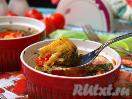 Вкусный, сочный омлет, приготовленный с помидорами, молоком и зеленью, достать из духовки и сразу подать к столу. В качестве дополнения к этому блюду я обычно подаю ветчину или колбасу.