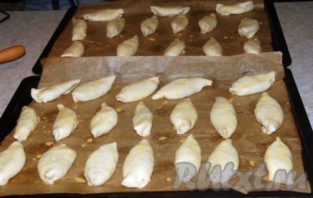 Отправить пирожки с капустой в заранее нагретую до 200 градусов духовку на 20 минут.