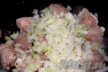 Когда мясо подрумянится, добавляем мелко нашинкованный лук и тушим на маленьком огне до золотистого цвета лука. 