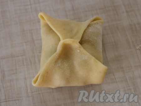 Соединяем (защипываем) противоположные стороны квадрата между собой (как на фото), таким образом формируя заготовки мантов.