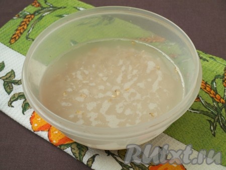 В подходящую посуду насыпать овсяные хлопья и залить их 500 мл холодной воды. Оставить на 1 час, чтобы хлопья настоялись.