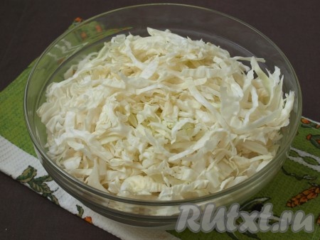 Капусту тонко нашинковать и поместить в глубокую миску.
