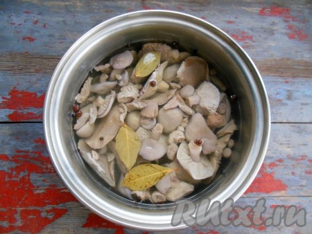 Для приготовления маринада вскипятите воду, добавьте лавровые листья, душистый перец, горошины черного перца, бутоны гвоздики, соль и сахар. Выложите в маринад синеножки, доведите до кипения, добавьте уксус. Проварите грибы в маринаде еще 5-7 минут, снимая пену.
