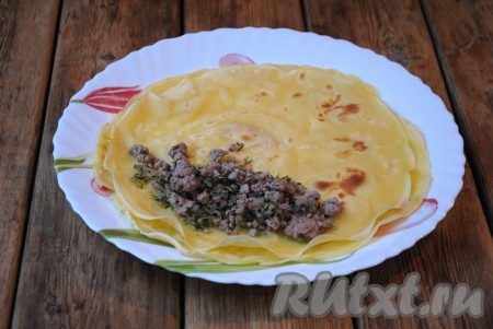 Теперь можно приступать к фаршированию блинчиков, для этого на край каждого блина выложить по 1-2 столовых ложки начинки&nbsp;и аккуратно завернуть "конвертиком" (то есть подвернуть края блина во внутрь, а потом свернуть блин рулетиком).
