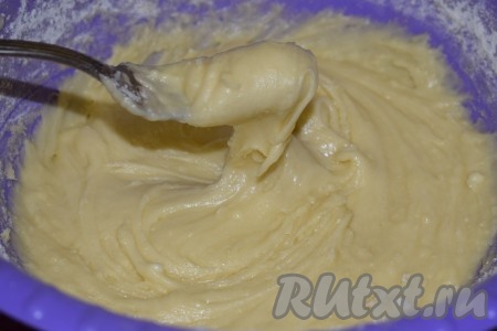 Тесто должно получиться довольно густым, по консистенции будет напоминать густую домашнюю сметану.
