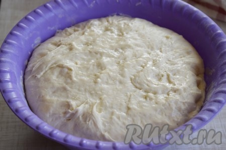Получившуюся жидкость добавляем к муке и замешиваем тесто. Тесто должно получиться мягким, нежным, не сильно плотным. Для того чтобы тесто не прилипало к рукам при замесе, смазываем руки растительным маслом. Оставляем тесто в тёплом месте и даём ему увеличиться в объёме в 2 раза (по времени это займет, примерно, 1 час).