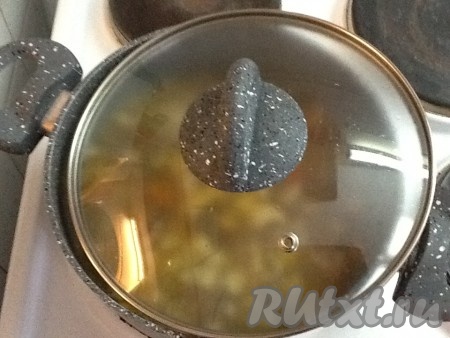 Перемешать, накрыть кастрюлю крышкой, довести до кипения и проварить на среднем огне минут 10.
