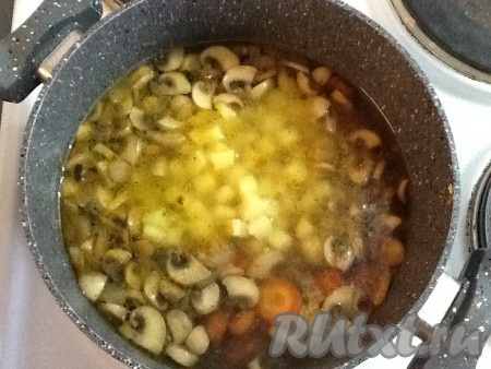 В кастрюлю с грибами и морковью влить горячую кипячёную воду, выложить нарезанный очищенный картофель. Воды должно быть не очень много, чтобы получилась густая похлёбка.