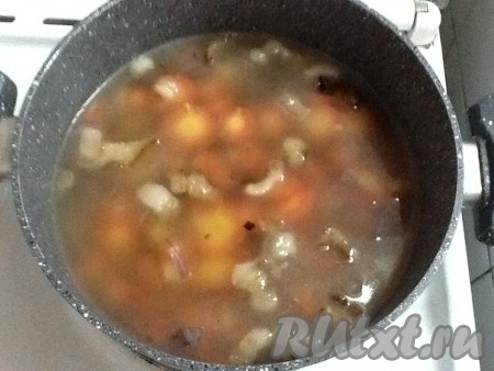 Когда лук обжарится до золотистого цвета, добавляем в кастрюлю горячую кипячёную воду и высыпаем туда картошку с морковкой, подсаливаем и варим на среднем огне, примерно, 10 минут. 