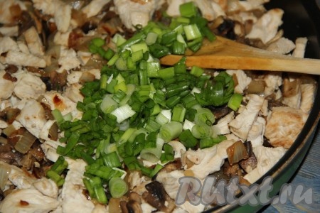 Зеленый лук вымыть, обсушить, мелко нарезать и добавить в начинку, перемешать.
