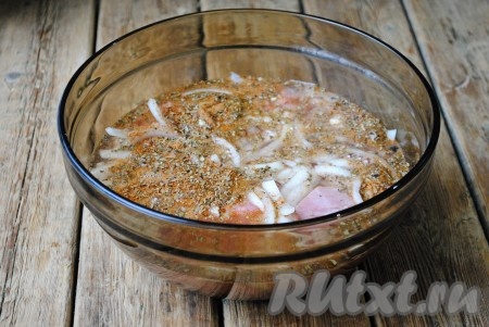Мясо сложить в миску, посолить, поперчить, добавить приправу к мясу. Лук очистить, нарезать полукольцами и добавить к мясу. Мясо с луком тщательно перемешать, втирая массажными движениями специи. Затем влить сильногазированную минеральную воду (вода должно полностью покрыть мясо с луком). Миску с мясом накрыть крышкой и поставить на 2-3 часа (можно и на ночь) в холодильник.