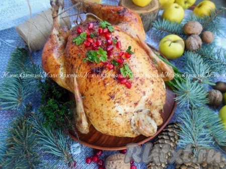 Украсьте курицу по вашему вкусу и, удалив шпагат, фольгу, зубочистку, подавайте к столу.
