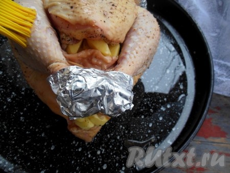 Скрепите зубочистками брюшко курицы, перетяните ножки кулинарным шпагатом, кончики крыльев и ножек закутайте в фольгу. На противень, смазанный растительным маслом, выложите спинкой вниз курицу, фаршированную картошкой. Сверху на курочку нанесите при помощи силиконовой кисточки растительное масло.