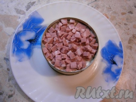 На яблоки выложить слой нарезанной маленькими кубиками колбасы + майонез.
