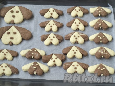 Духовку разогреть до 180 градусов и выпекать печенье "Собачки" 10 минут. Не передержите, иначе печенье станет твёрдым.
