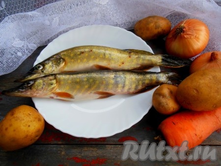 Для приготовления рыбного супа из щуки мне потребовались вот такие ингредиенты. Если рыба замороженная, её нужно разморозить.