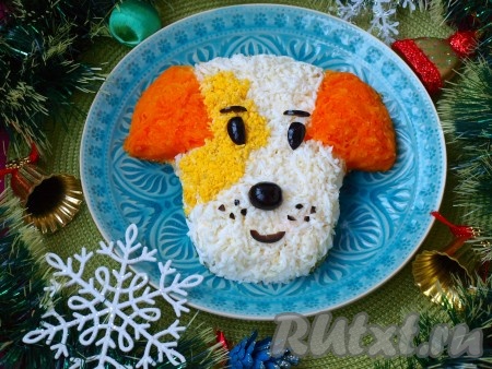 Далее оформить верхний слой салата. Наметить уши и выложить их из натёртой вареной моркови. Варёные яйца разделить на желтки и белки. Из белков выложить мордочку собаки, а из желтка соорудить пятнышко. Глаза, нос сделать из маслин, язык я сделала из моркови (можно заменить на кусочек варёной колбасы). Можно и вовсе не делать язык, у меня 2 варианта. Очень красивый и невероятно вкусный салат "Дружок" подать к новогоднему или рождественскому столу.