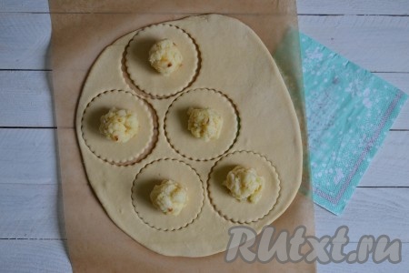 В центр каждого круга выложить картофельную начинку. Количество начинки тоже можно регулировать под свой вкус: если любите больше начинки и меньше теста - кладите побольше начинки.