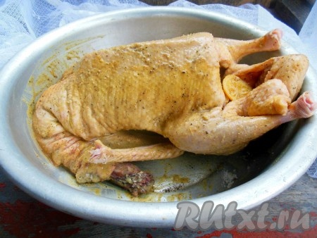 Натрите утку специями, внутри и снаружи, стараясь выдавить из лимона весь сок (кружки лимона можно оставить внутри утки). Накройте миску с уткой пищевой пленкой, уберите в холодильник на 10-12 часов.
