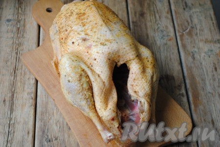 Гуся вымыть, обсушить.&nbsp;Если есть остатки колодочек или перьев - их нужно удалить. Соединить соль и приправу к птице, щедро смазать гуся внутри и снаружи. Для того чтобы мясо хорошо пропиталось специями, завернуть птицу в пищевую плёнку и отправить на несколько часов в холодильник (лучше на ночь).
