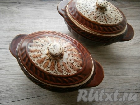 В холодную духовку поставить горшочки, предварительно накрыв их крышкой. Выставить температуру духовки 170-180 градусов и готовить жаркое около 1 часа.