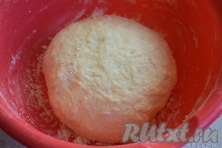 Тесто для пиццы должно получиться легким, нежным, не липнущим к рукам, по консистенции - мягкое, не очень плотное. Накрываем миску с тестом полотенцем и ставим на расстойку на 1 час.