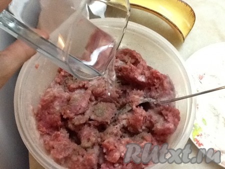 Пока тесто отдыхает, займёмся фаршем. У меня уже перекрученное мясо говядины и свинины с добавлением лука. Фарш солим и перчим, а также добавляем холодную кипячёную воду.