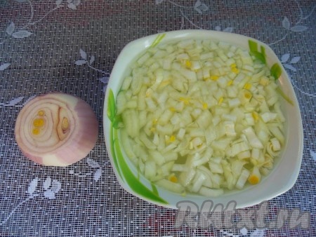 Репчатый лук очистите, нарежьте на небольшие кубики. Для приготовления маринада смешайте соль, сахар, добавьте уксус и воду, тщательно перемешав, выложите нарезанный лук. Маринуйте 10 минут, затем переложите замаринованный лук на дуршлаг, дайте немного стечь маринаду.