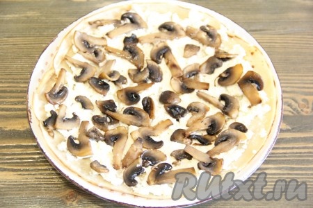 Затем на творожную массу выложить часть остывших грибов.
