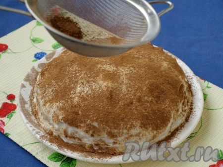 Затем посыпать торт какао и убрать в холодильник на пару часов.
