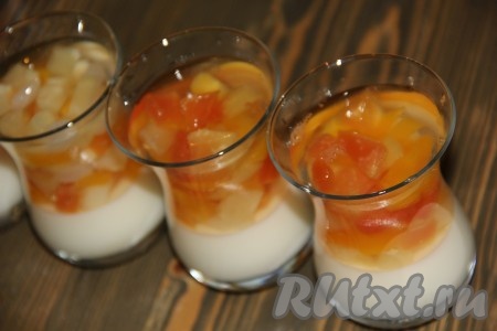 Фруктовый сироп с желатином прогреть до полного растворения желатина, помешивая, и не доводя до кипения. Аккуратно залить фрукты сиропом. Поставить десерт в холодильник до полного застывания.