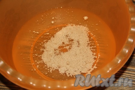 В глубокую миску влить тёплую воду, всыпать сахар и дрожжи, перемешать.