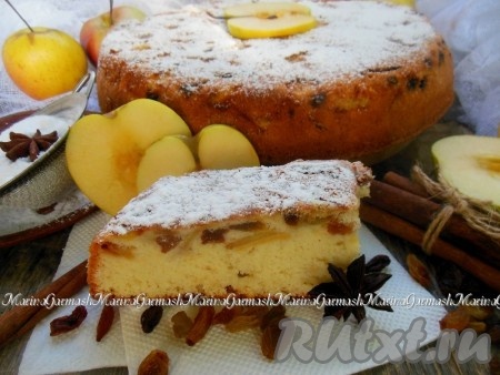 На фото шарлотка с изюмом и яблоками в разрезе.