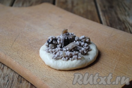 Обмять подошедшее тесто и разделить его на небольшие кусочки, примерно, одинакового размера. Раскатать каждый шарик в лепёшку на припыленном мукой столе. В центр лепешки положить одну столовую ложку остывшей начинки.