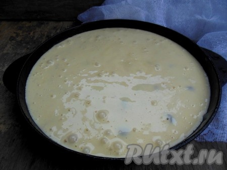 В форму для выпечки (для выпечки я использую чугунную сковороду диаметром 26 см), смазанную сливочным маслом или застеленную пергаментом, переложите тесто.
