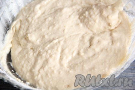 Перемешать тесто лопаткой. Тесто получится в меру густым, как на оладьи (см. на фото).
