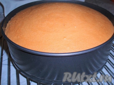 Поместить форму в нагретую духовку и печь бисквит 35-40 минут (готовность проверить зубочисткой). Готовый бисквит вынуть из духовки, остудить в форме.
