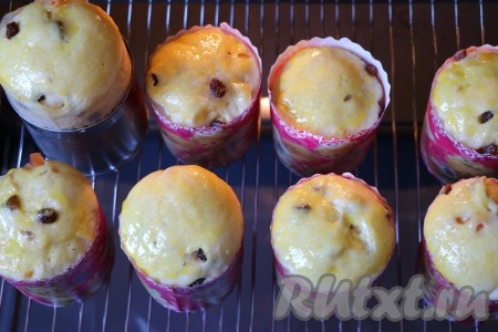 Когда тесто в формах вырастет и полностью заполнит формы, взбить желток и смазать верх куличей.
