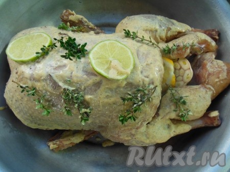 Натрите утку внутри и снаружи соусом для маринования (примерно, 1 чайную ложку соуса оставьте, он пригодится для смазывания птицы в процессе запекания). Сверху полейте тушку утки соком, выжатым из кружочков лимона (или лайма), внутрь и снаружи выложите колечки лимона (или лайма), из которых выдавили сок, посыпьте веточками чабреца. Разрезанную головку чеснока вложите во внутрь утки. Поместите утку в миску и оставьте мариноваться на 2-3 часа (но лучше отправить утку мариноваться на ночь в холодильник).
