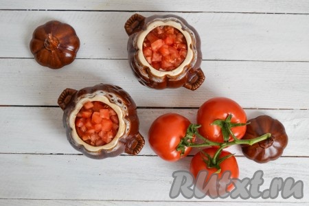 Помидоры также мелко нарезать и выложить сверху, приправить по вкусу солью и влить холодную воду.
