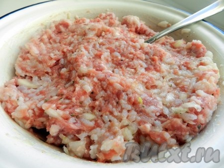 Добавить соль и специи (я в качестве специй добавила хмели-сунели и чёрный молотый перец), тщательно перемешать.