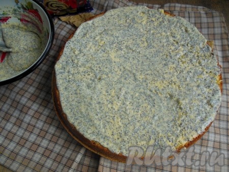 Готовый крем нанесите на нижний корж, затем положите верхний и снова нанесите оставшийся крем на верх торта.