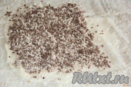 Поверх сыра выложить полоску из фарша (как на фото), можно немного посолить и поперчить.
